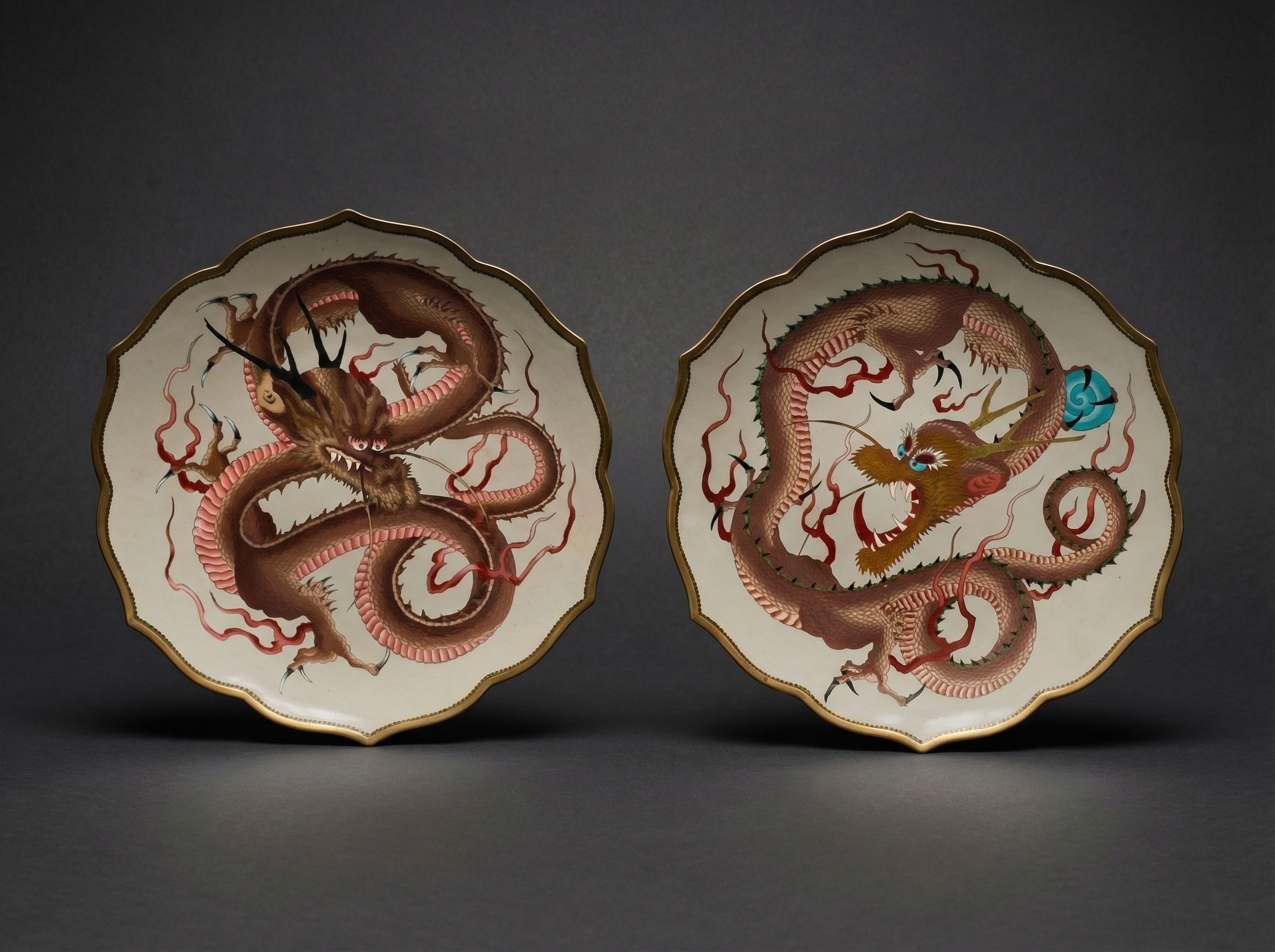 Pair Large Japanese Cloisonne Enamel ''Dragon'' Chargers. Circa 1890.
