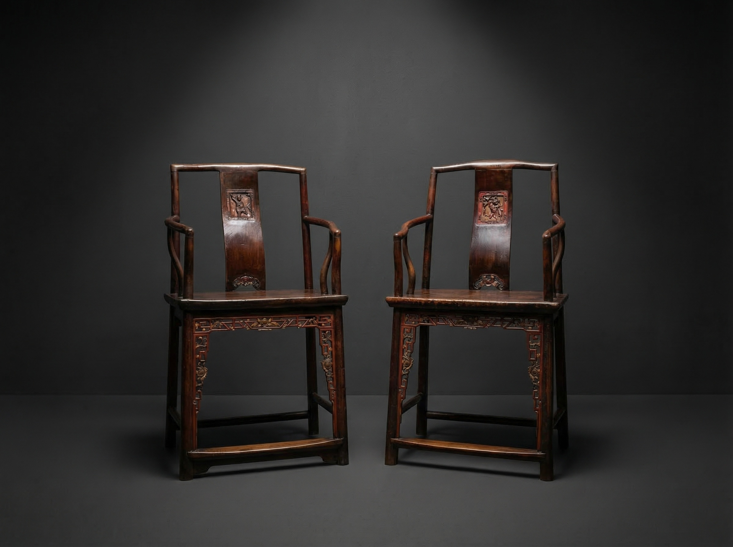 Pair Of Chinese Elm Armchairs with Red Lacquer. Circa 1870. 