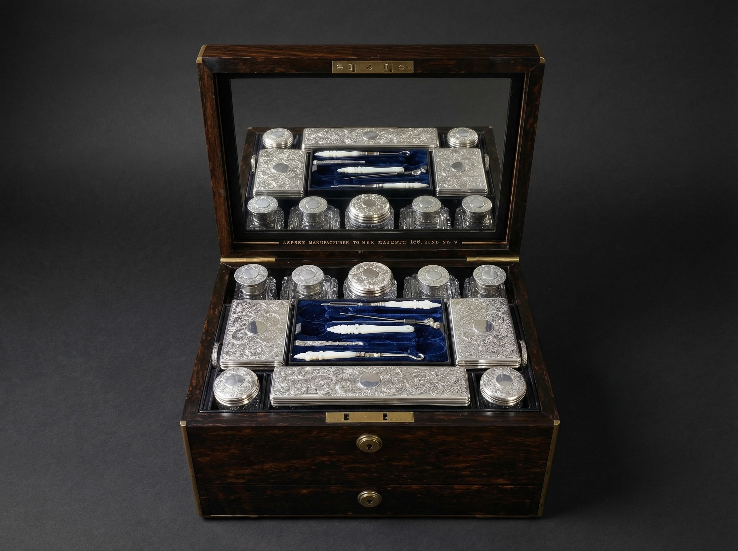 Rare Asprey Coromandal Vanity case wtth crystal cut bottles / trays. 1862.