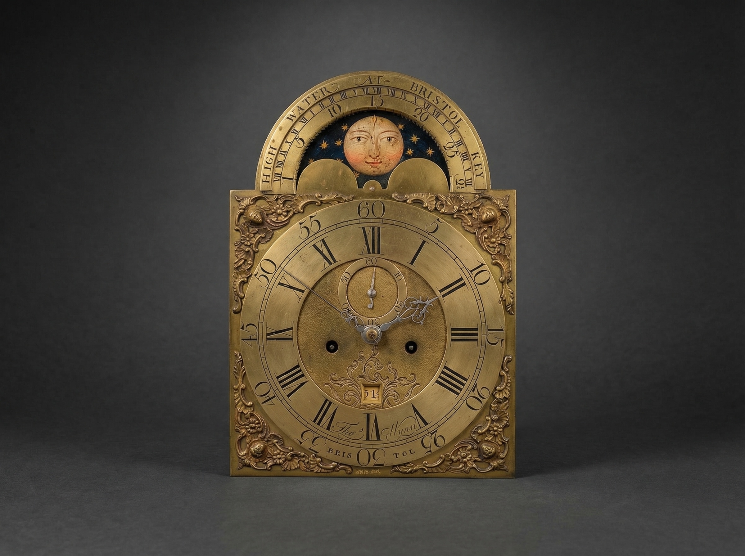 Rare Bristol High Water Lunar Moonphase 8 day Longcase Clock Dial and Movement. Circa 1770