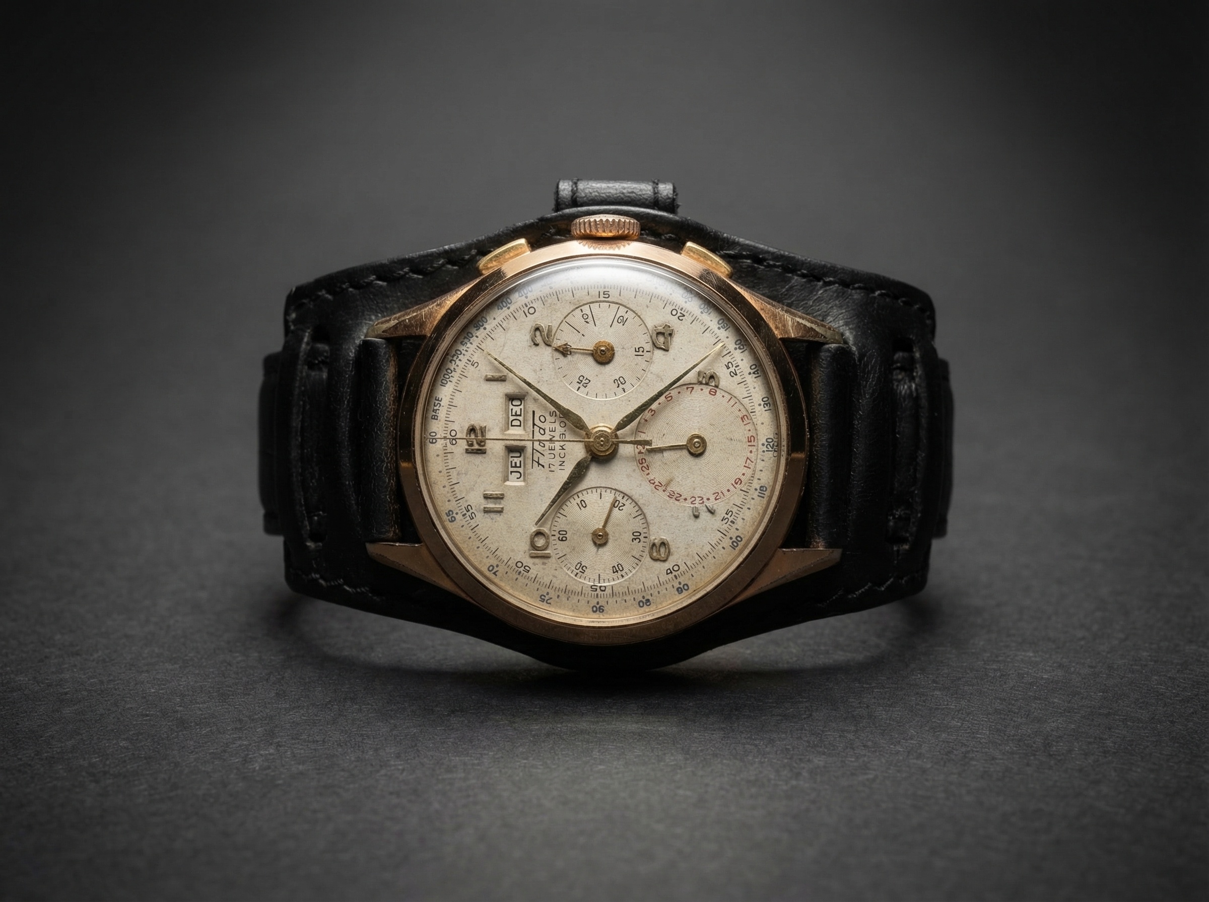 Rare Fludo Chronograph Watch - Gold Plated - Triple Calendar. Swiss Movement - Landeron 80. Circa 1950