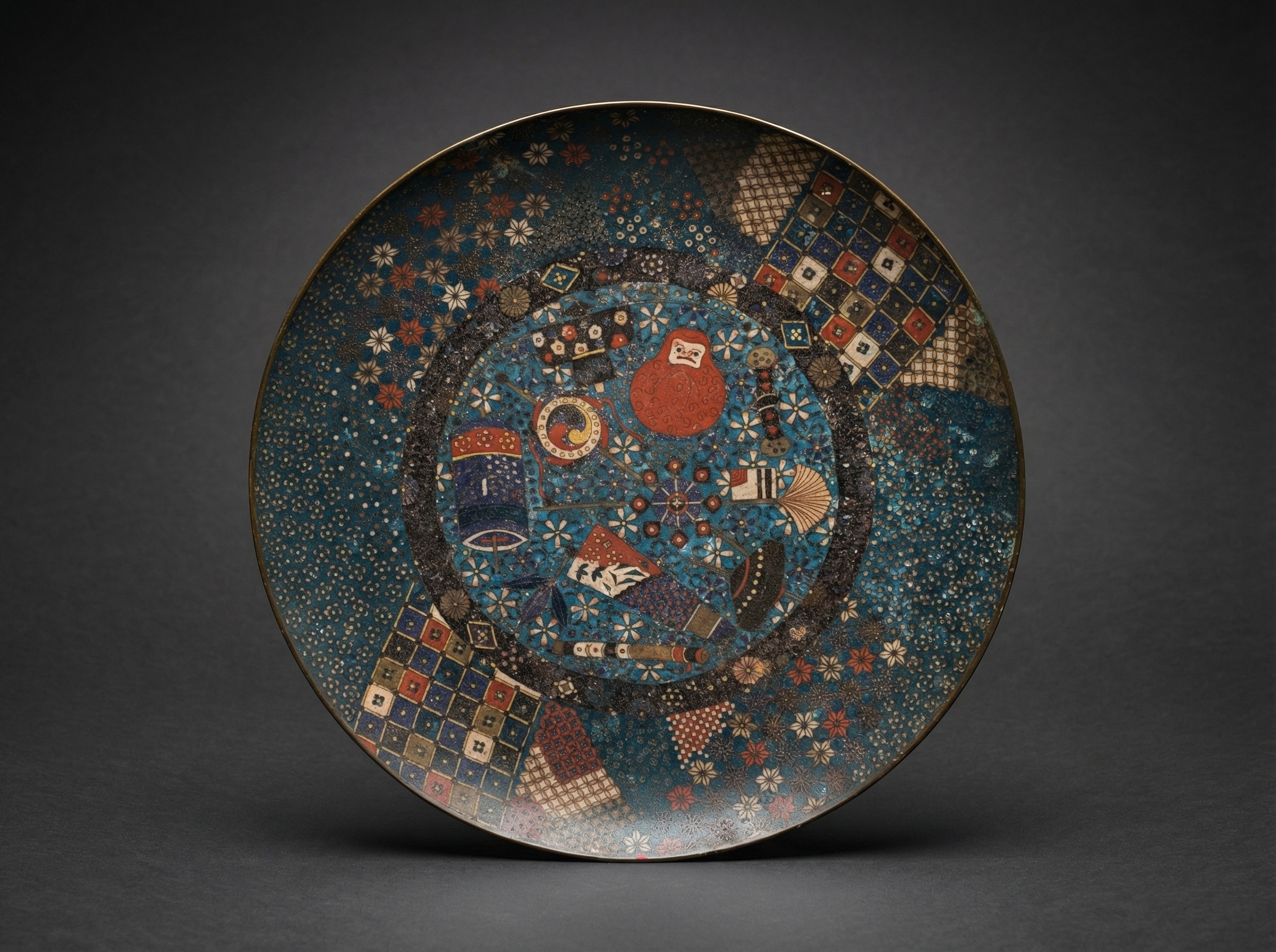 Rare Japanese Cloisonne Charger with Auspicious Symbols. Circa 1850.