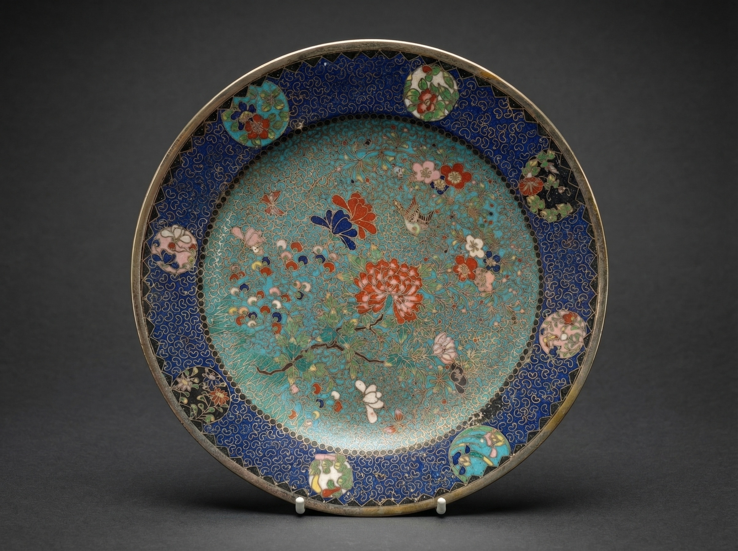 Rare Japanese Cloisonne Enamel Dish. Signed Kinkozan. Circa 1890.