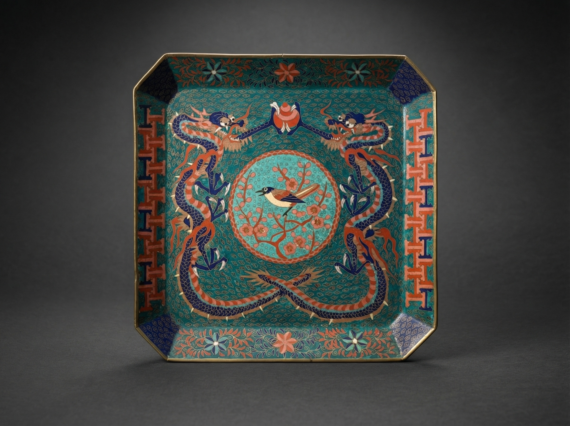 Rare Japanese Cloisonne Enamel Dragon Square Tray. Circa 1880.