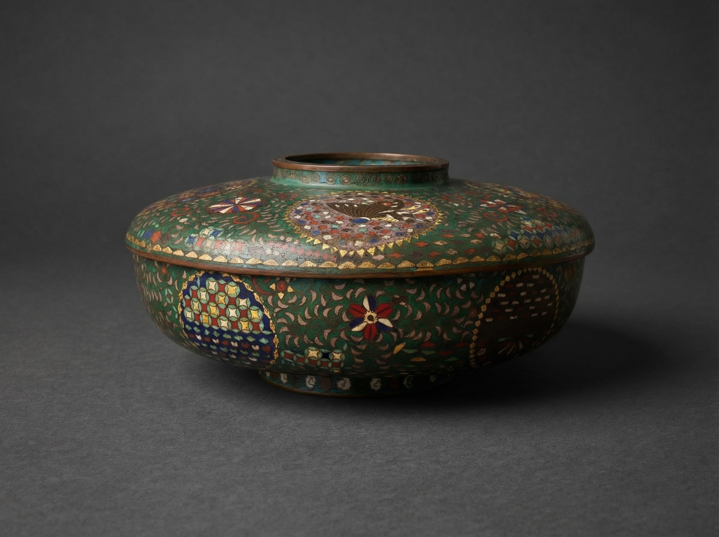Rare Japanese Cloisonne Enamel Lidded Bowl. Edo Period. Circa 1860.