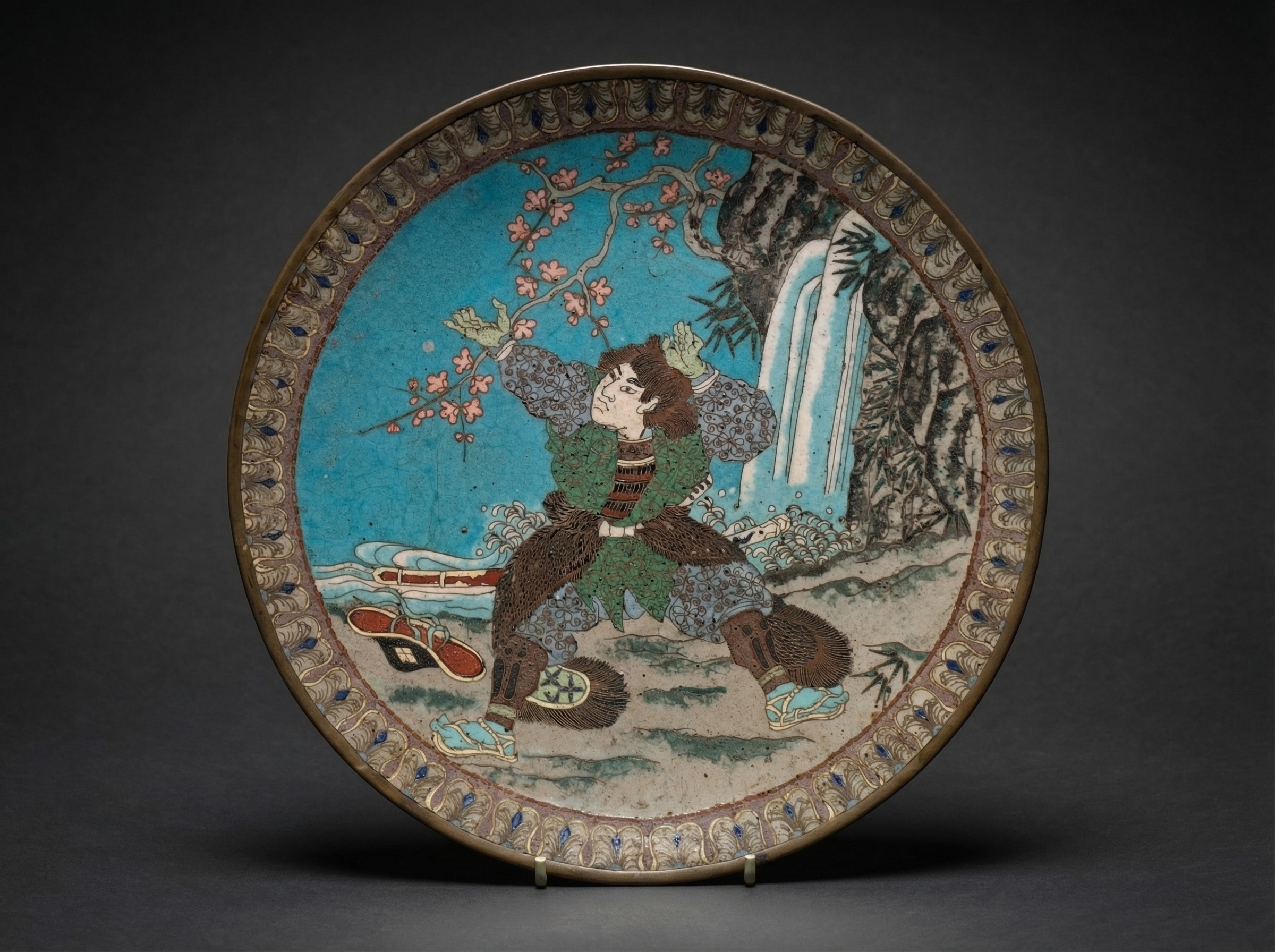 Rare Japanese Cloisonne Enamel ''Samurai / Demon'' Plate. Circa 1890.