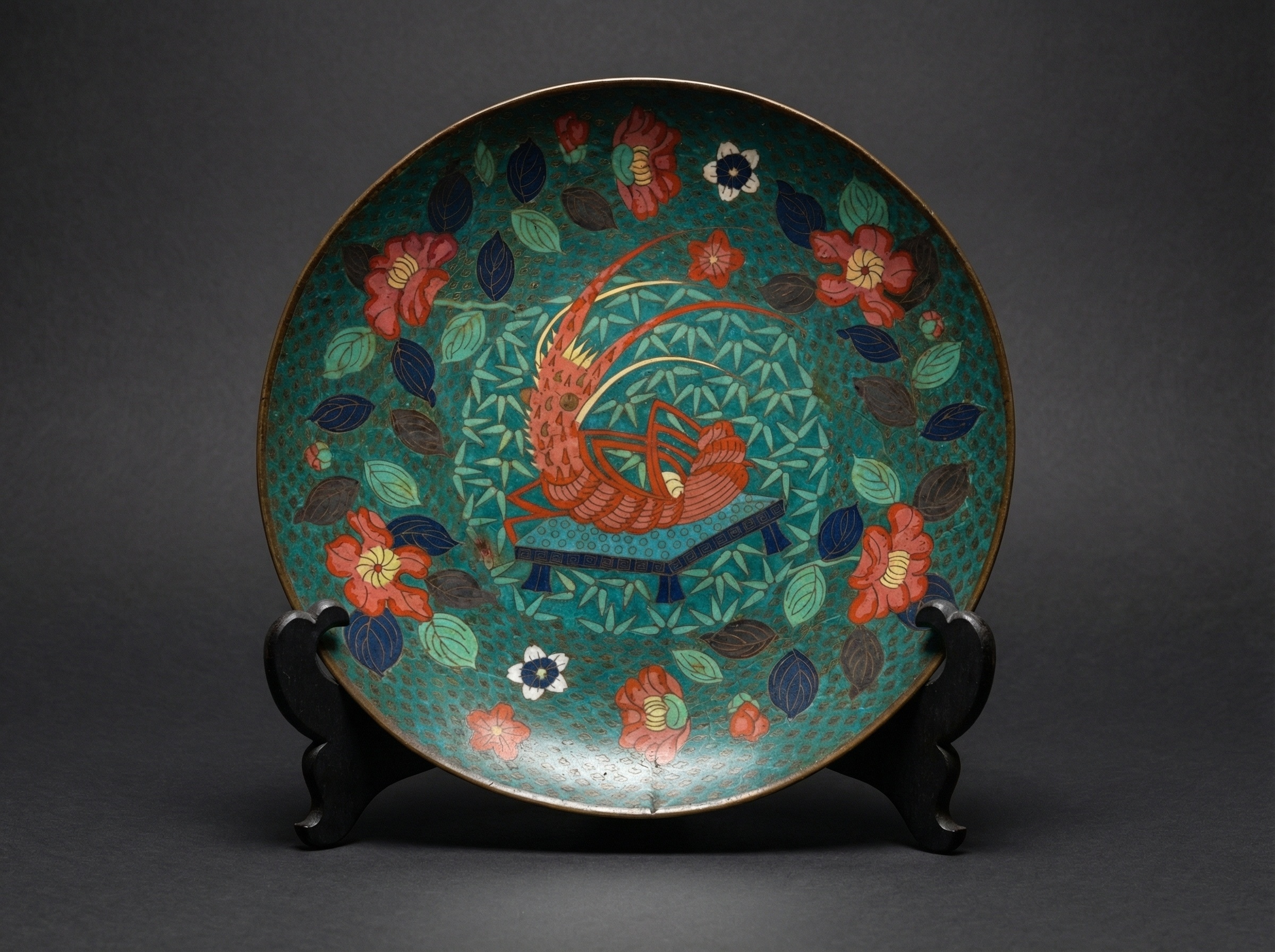 Rare Japanese Cloisonne Enamel Shrimp Charger. Circa 1880.