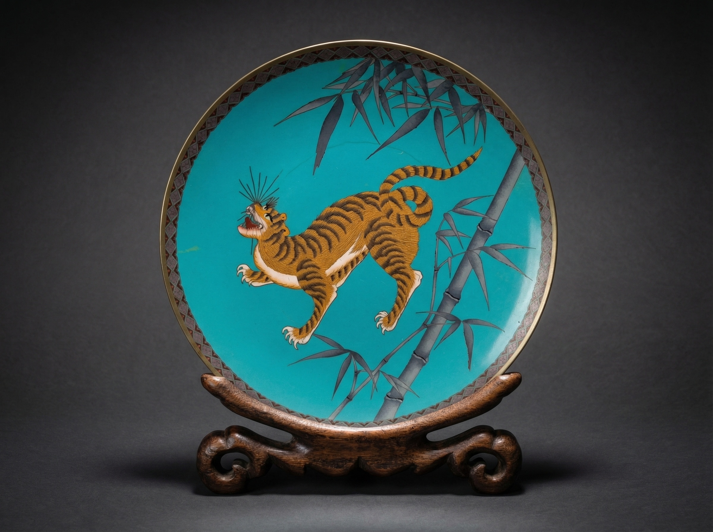 Rare Japanese Cloisonne Enamel 'Tiger and Bamboo' Charger. Circa 1900.