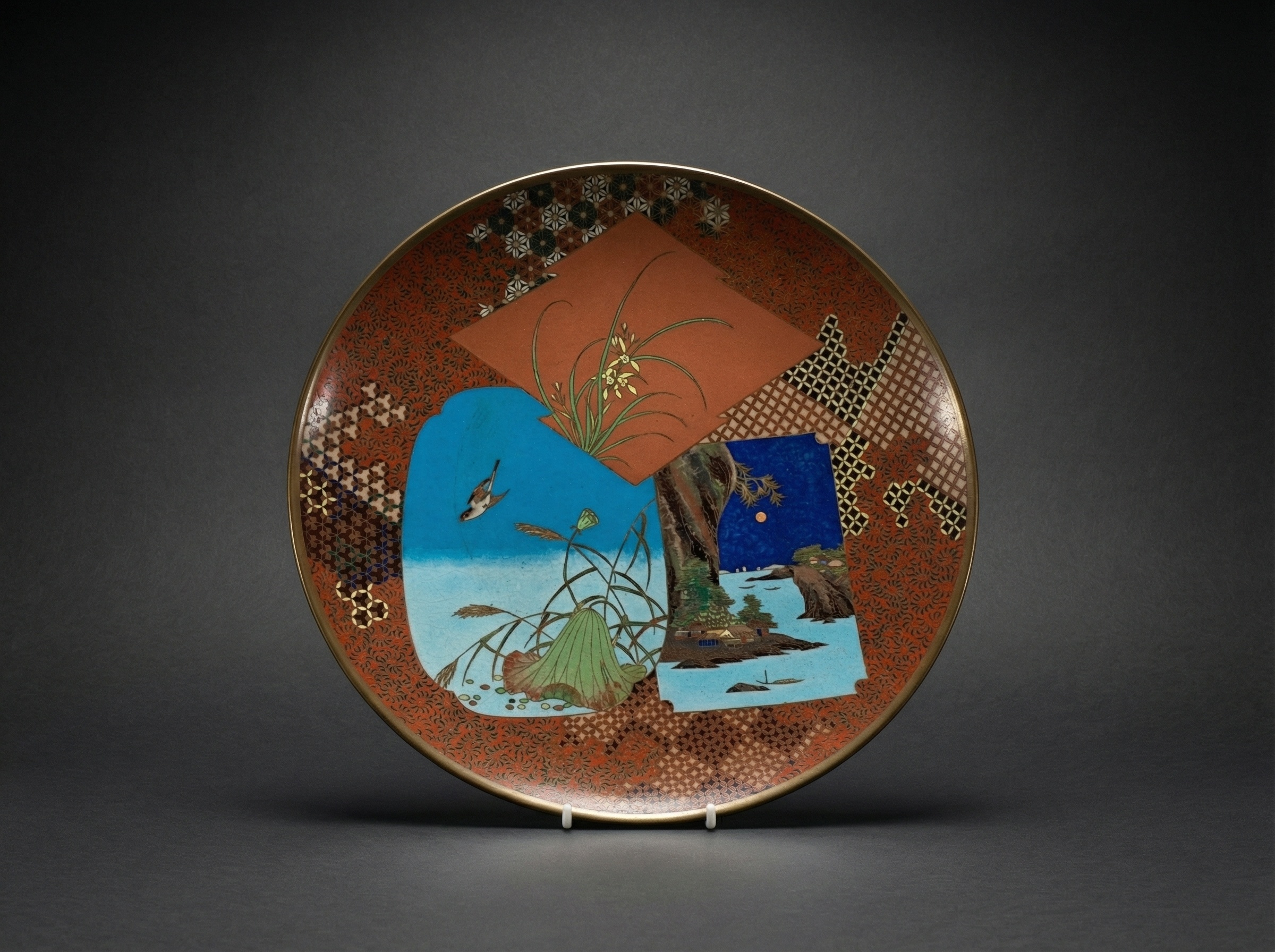 Rare Japanese Cloisonne Medium Plate - Landscape. Nagoya. Circa 1900.