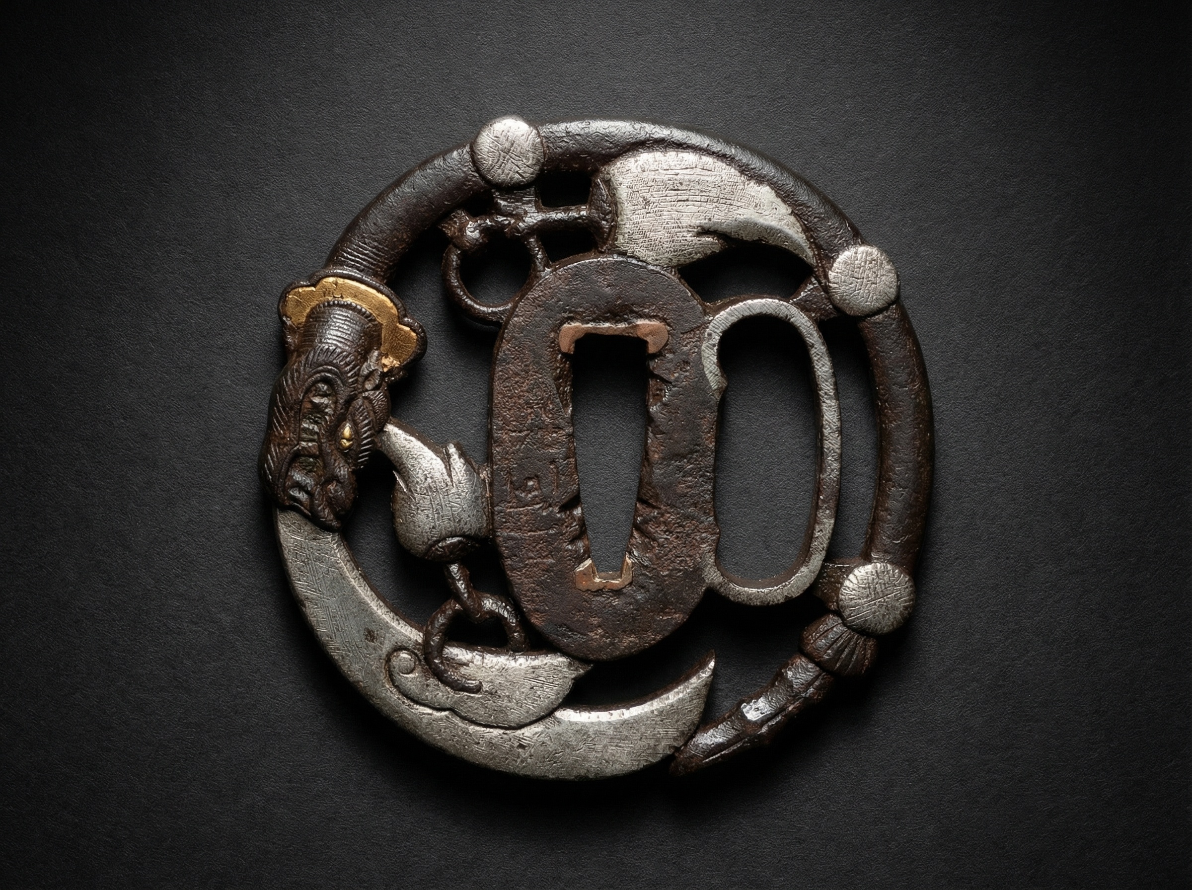 Rare Japanese Iron Tsuba Guard - Polearm of Guan Yu. Dragon. Signed. Edo Period. Circa 1750.