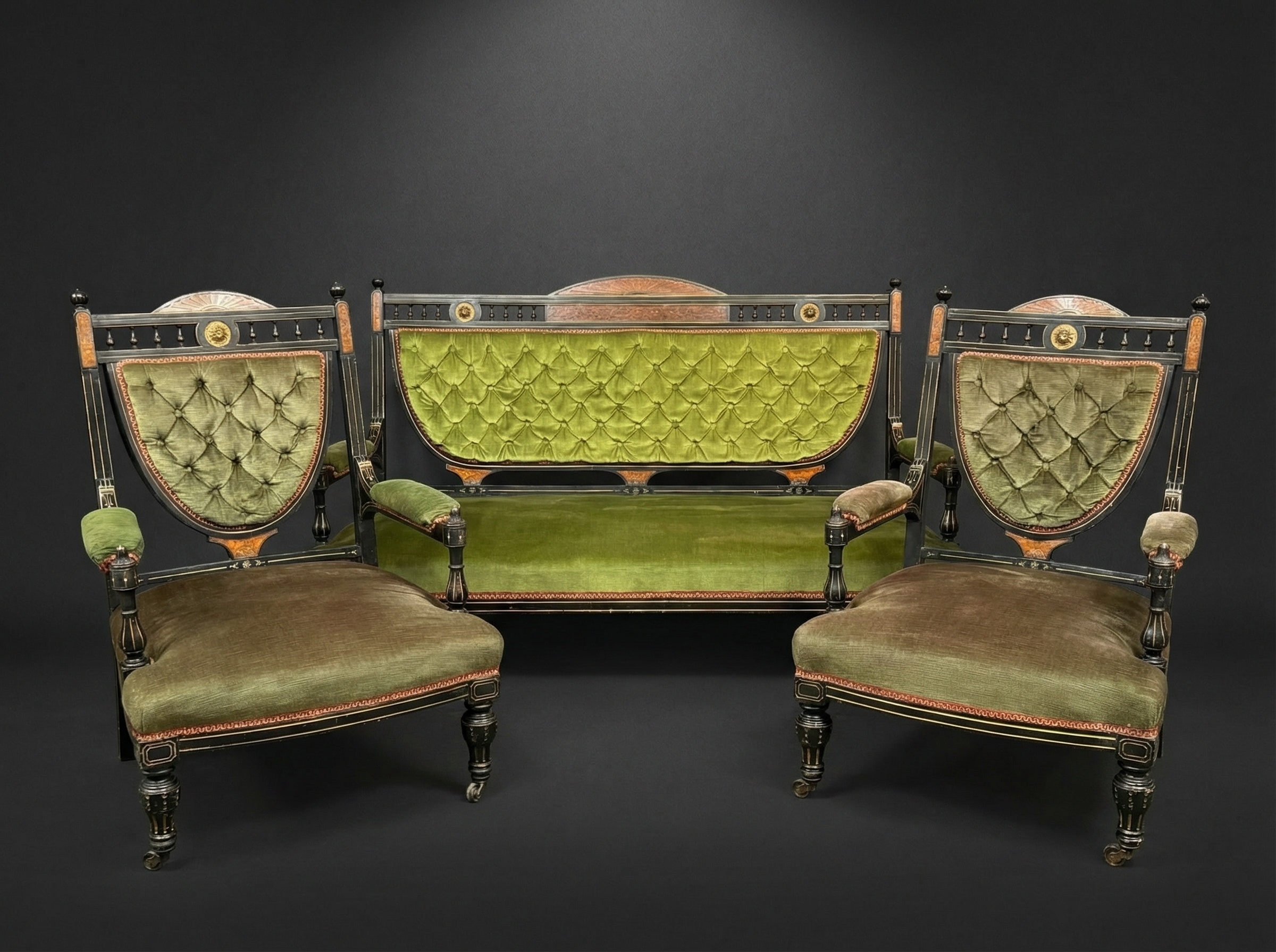 Rare Jas / James Shoolbred Antique Ebonised Aesthetic Period Sofa & 2 Chairs Salon Suite. C1880.