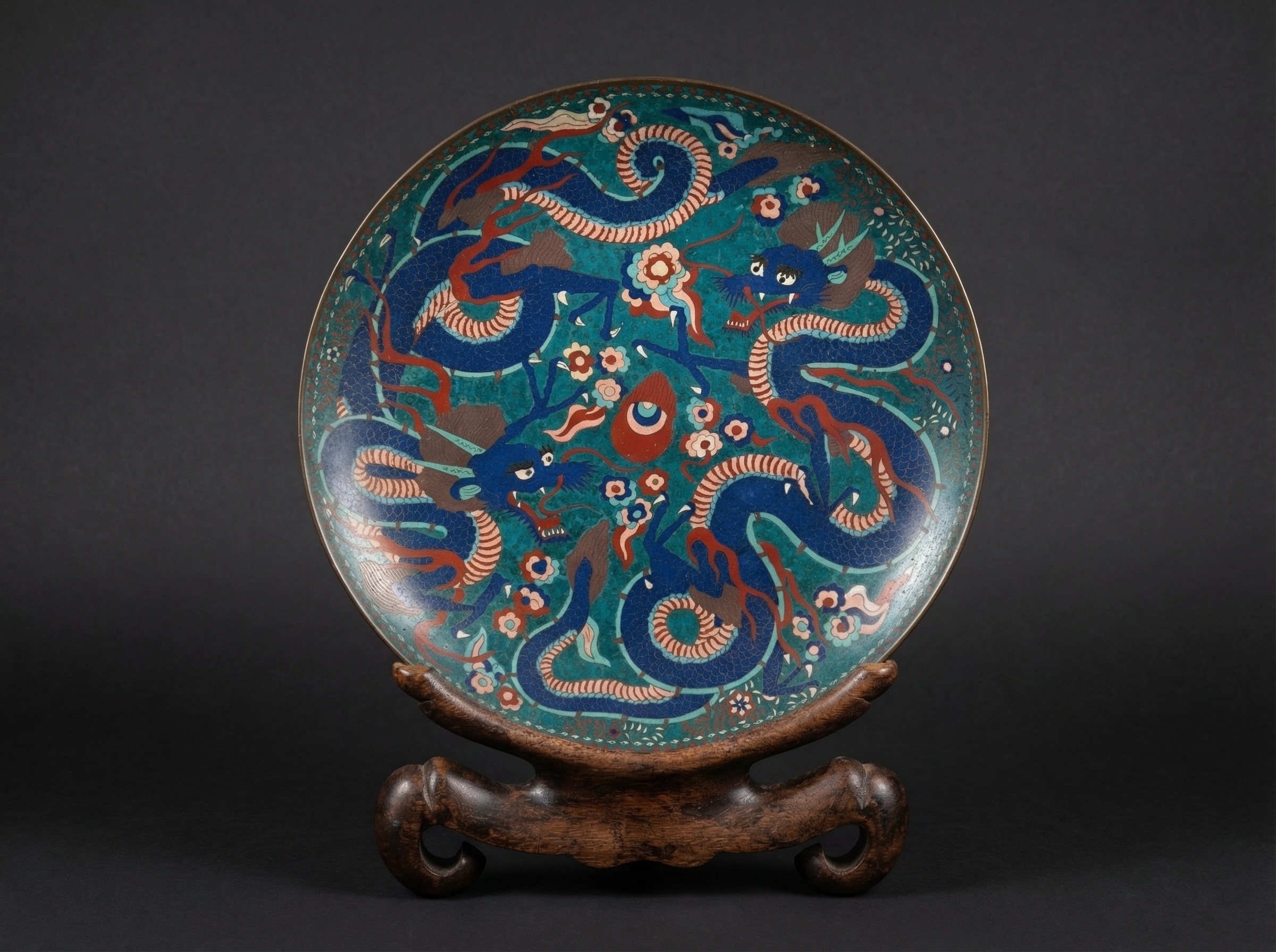 RARE LARGE JAPANESE CLOISONNE ENAMEL 'DRAGON' CHARGER. Circa 1865 - 1870.