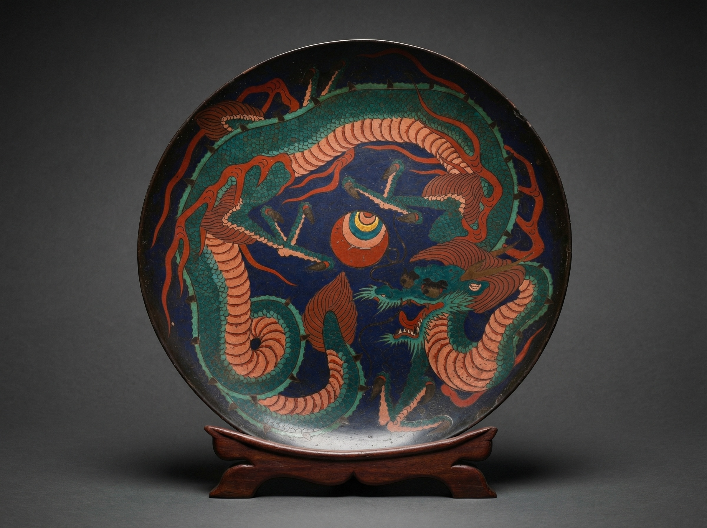 Rare Large Japanese Cloisonne Enamel 'single-dragon' Charger (36cm). Signed. Circa 1875.