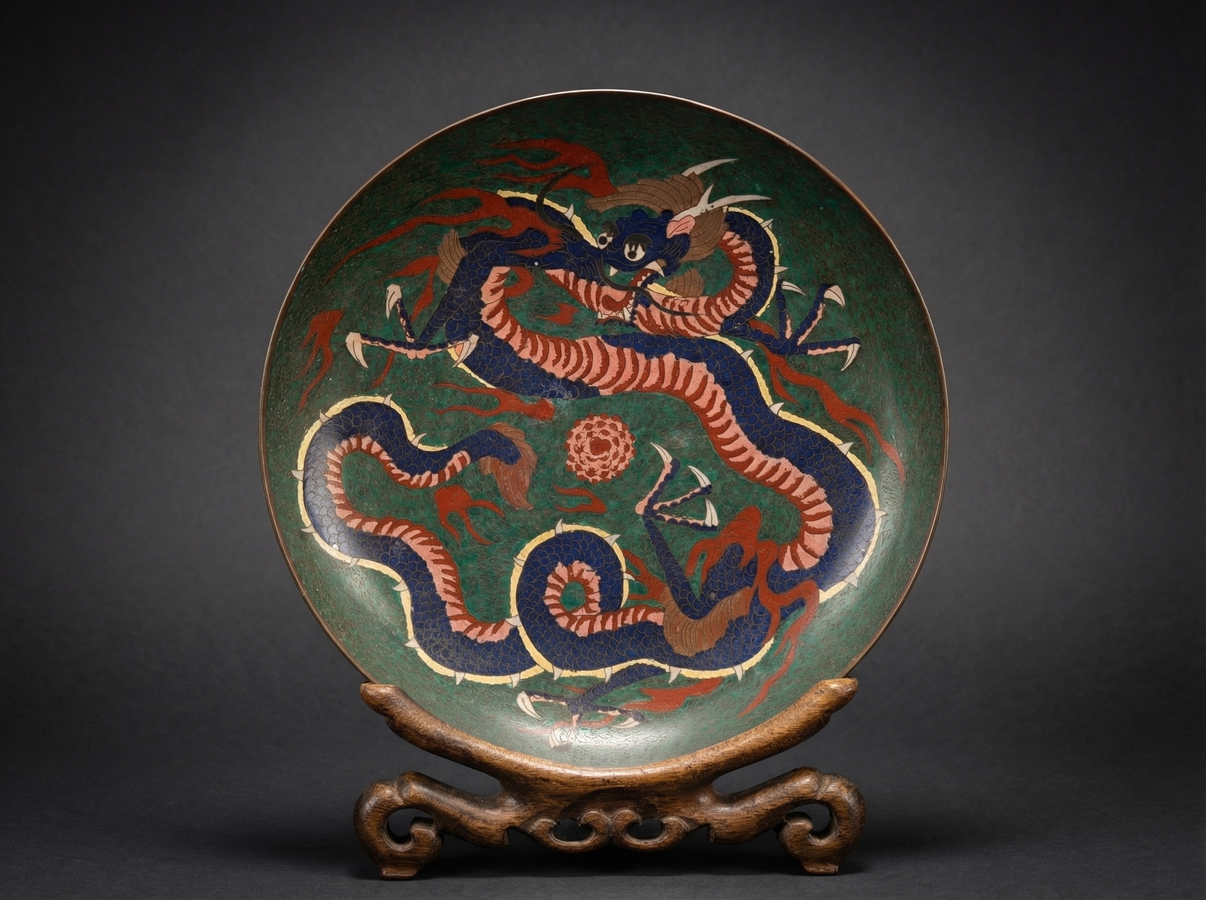 Rare Large Japanese Cloisonne Enamel 'single-dragon' Charger (40cm). Circa 1875.