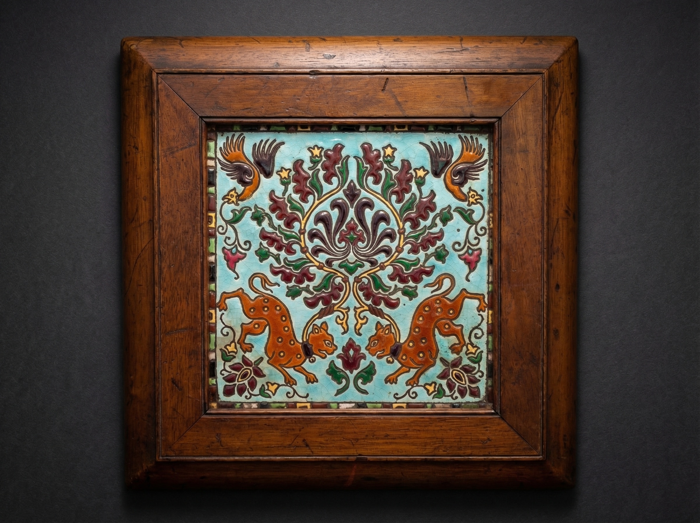 Rare Longwy Tile. Birds and Cheetahs. Circa 1900.