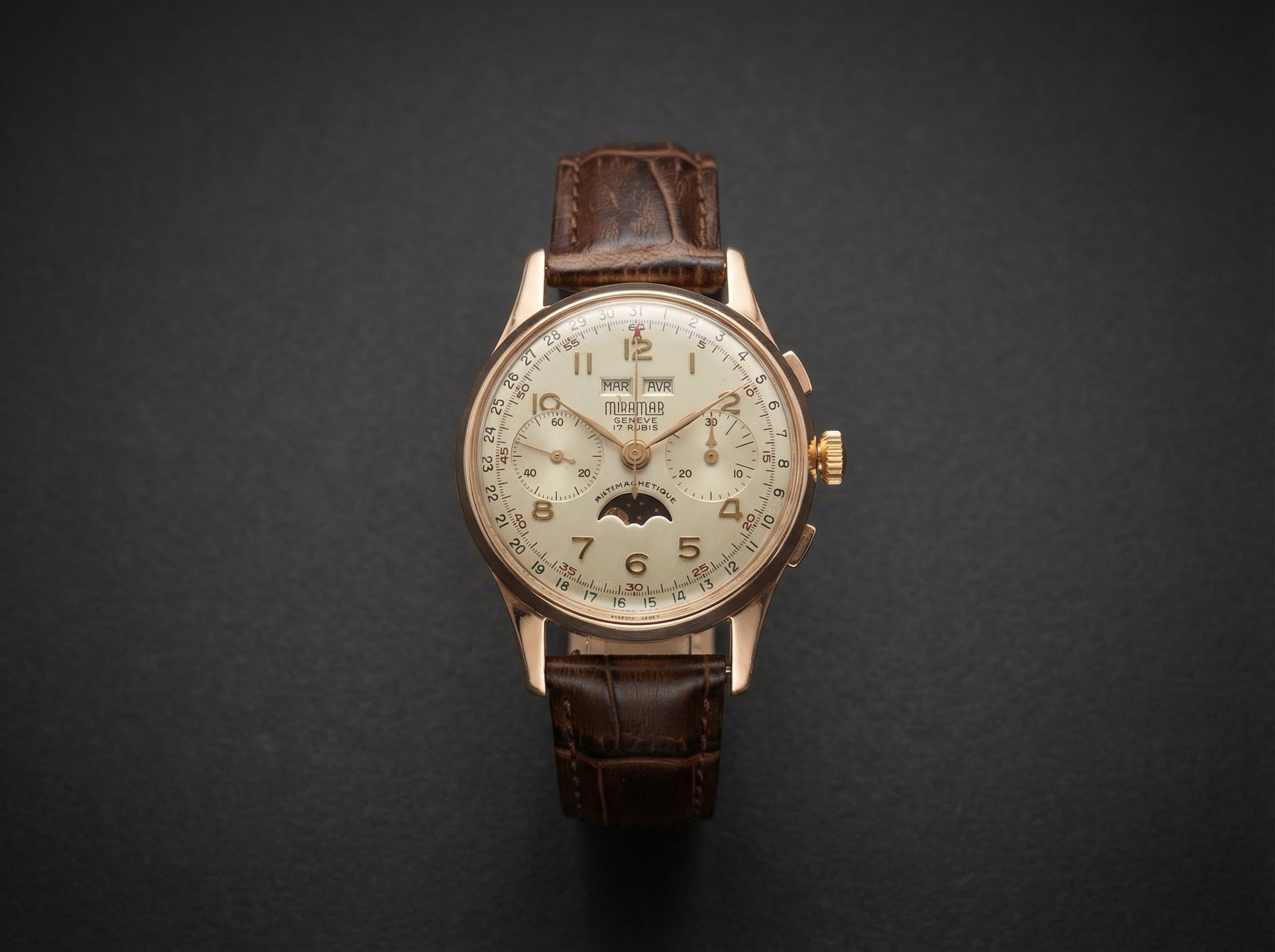 Rare Miramar Moonphase Chronograph Triple Date Vintage Swiss Watch. Circa 1950s.