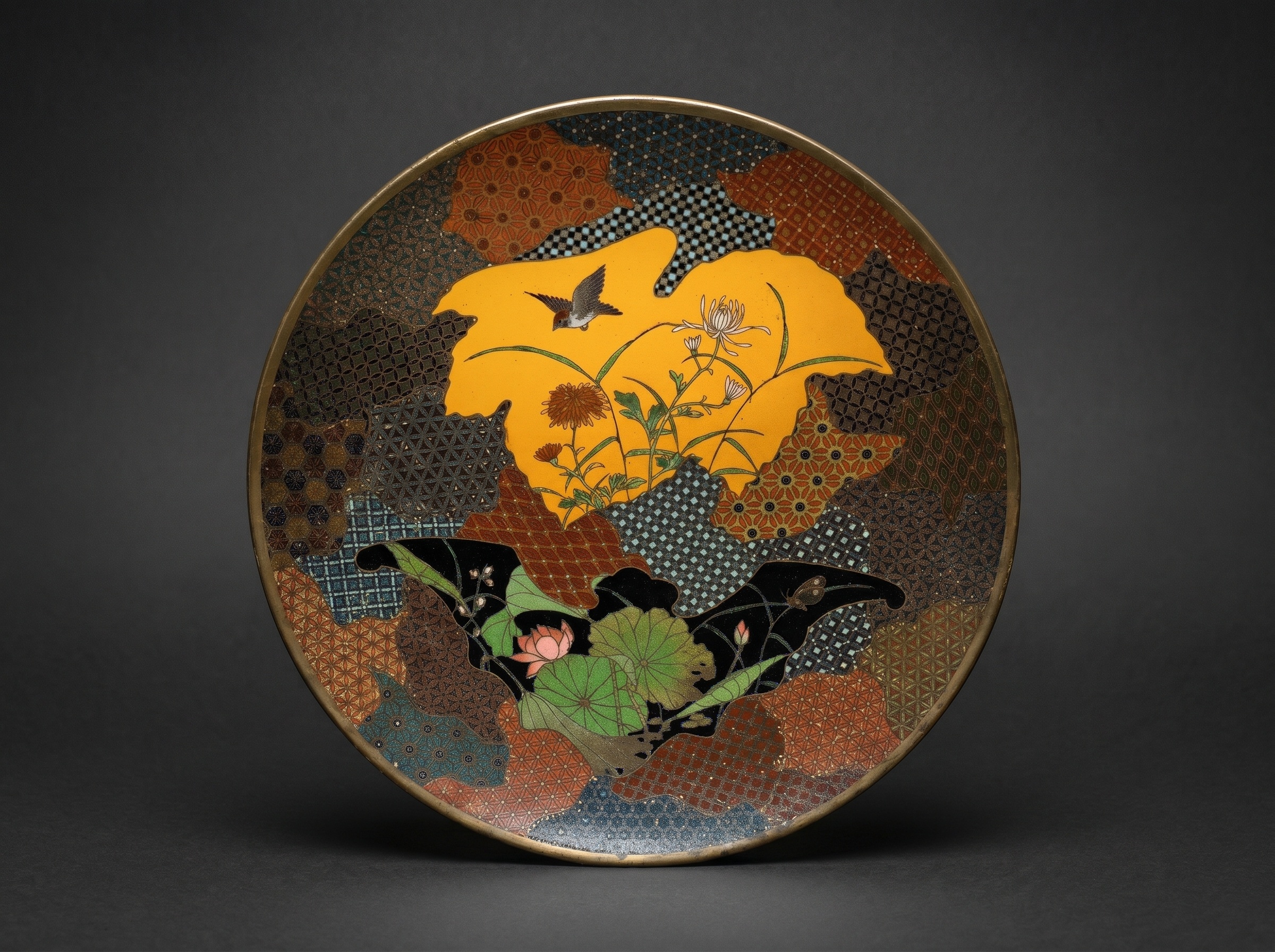 Small Japanese Cloisonne Enamel Dish with Bird / Mosaics. Nagoya. Circa 1900..