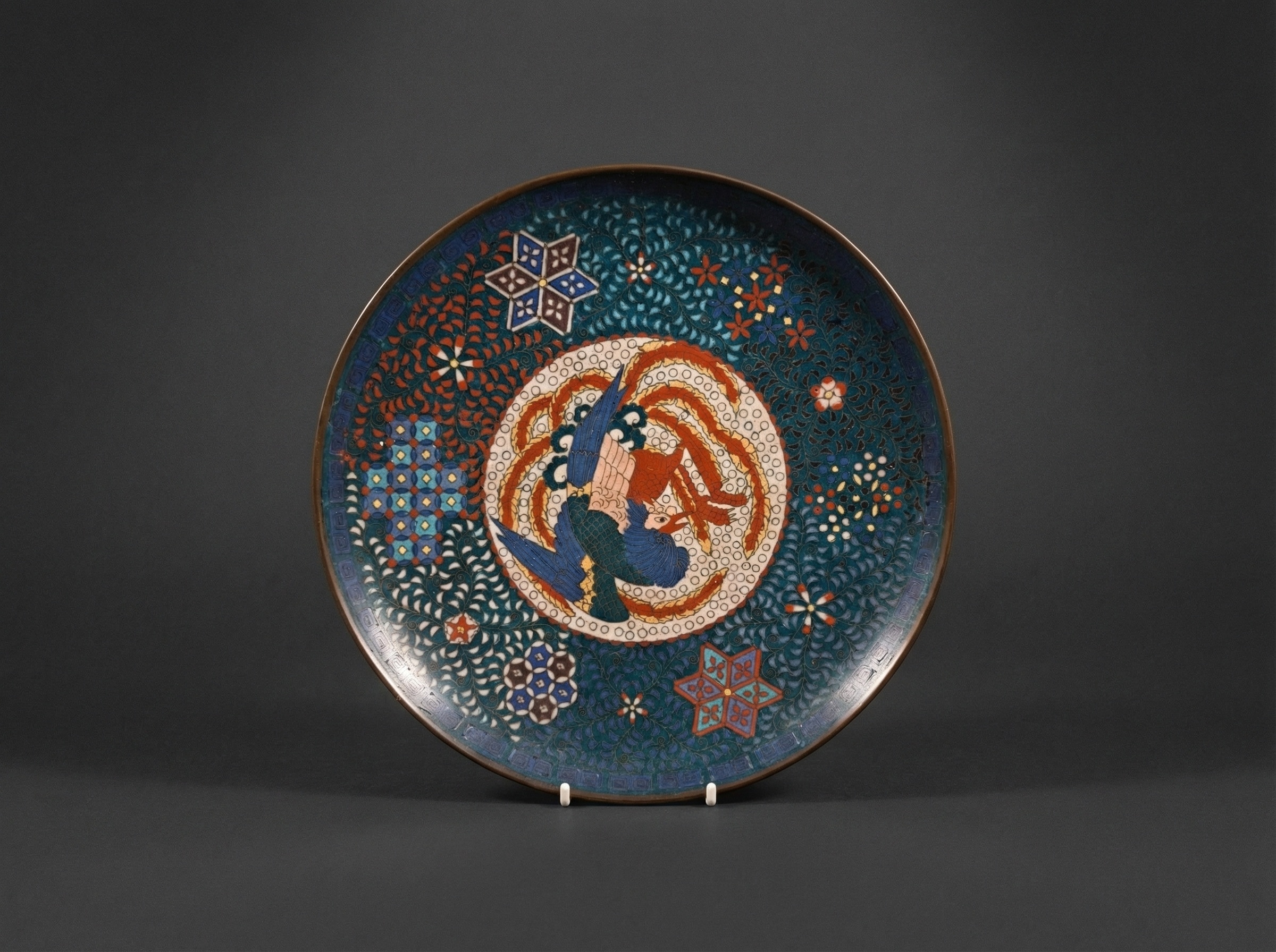Small Japanese Cloisonne Enamel 'Ho-o' Bird / Phoenix Charger. Circa 1870.