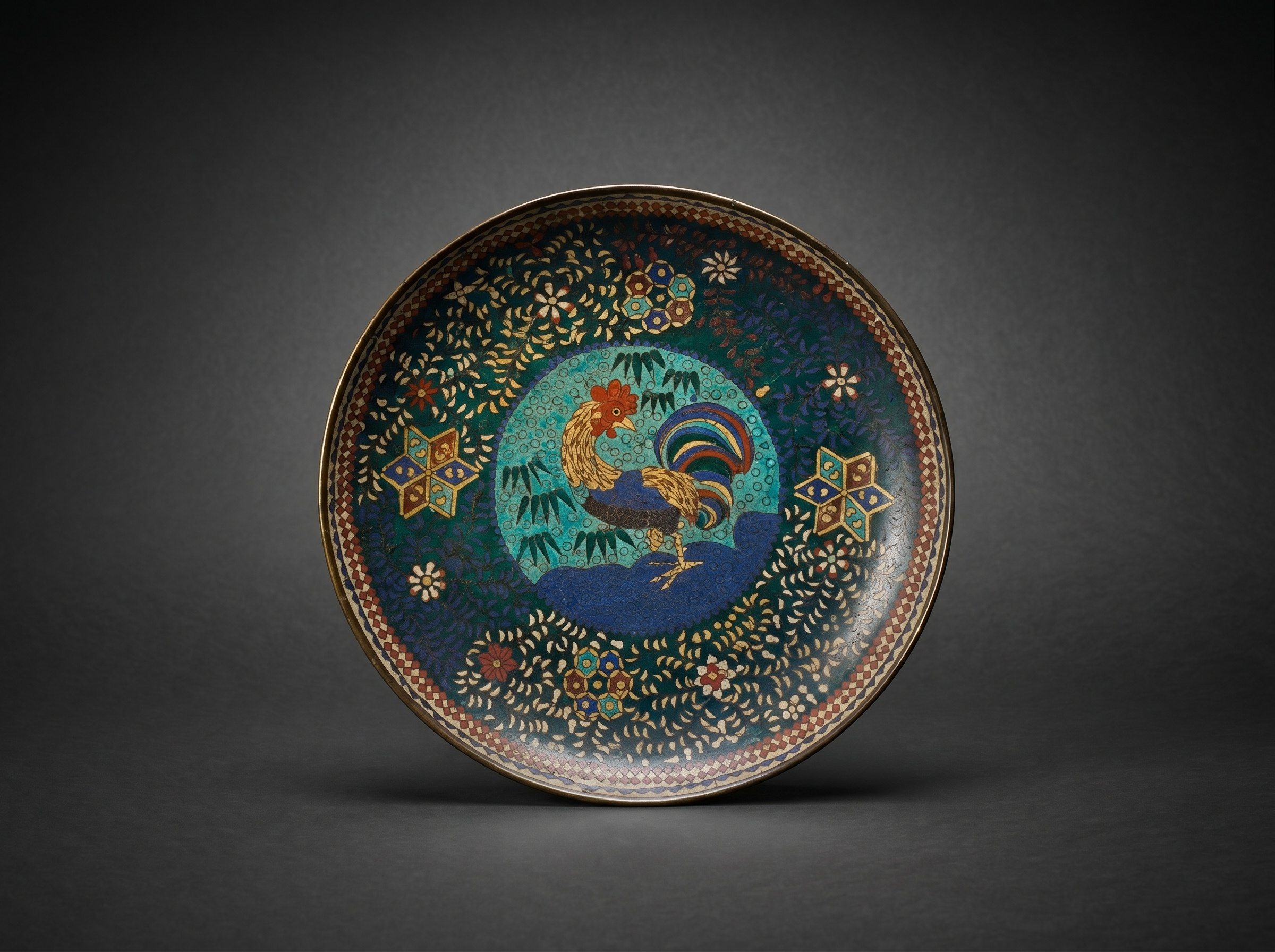 Small Japanese Cloisonne Enamel Rooster Charger. Circa 1870.