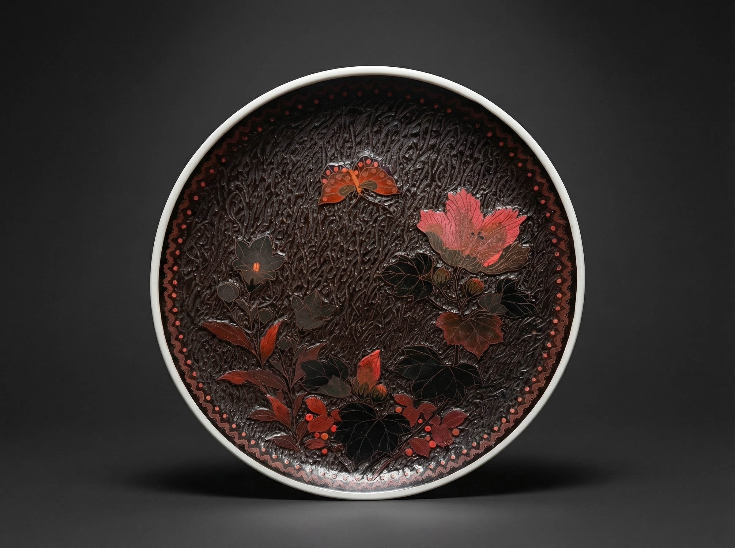 Small Japanese Totai Shippo Porcelain Dish In Cloisonne Tree Bark. Circa 1890.