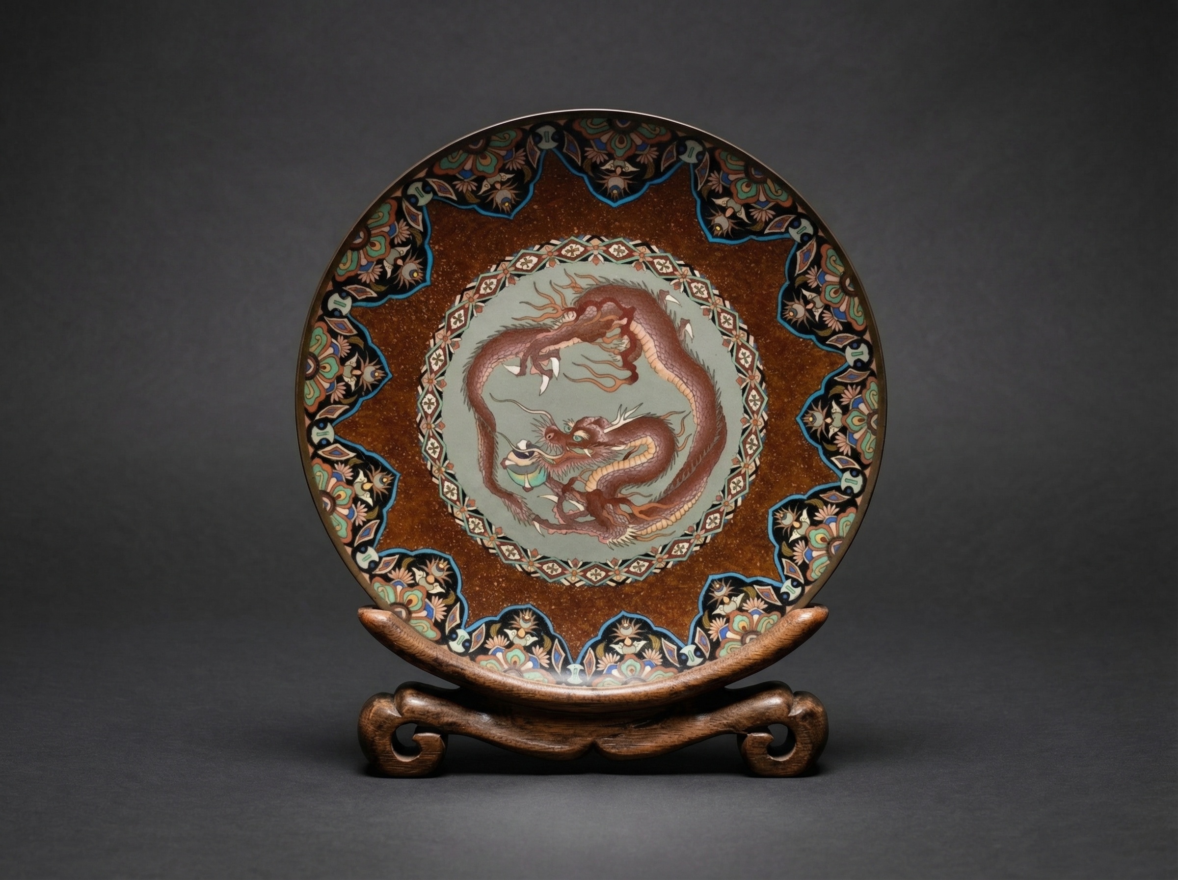 Stunning Large Japanese Cloisonne Enamel ''Dragon'' Charger. Circa 1890.