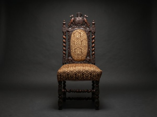 Carved oak chair with Scottish Family Coat of Arms with Greyhounds. Circa 1890.