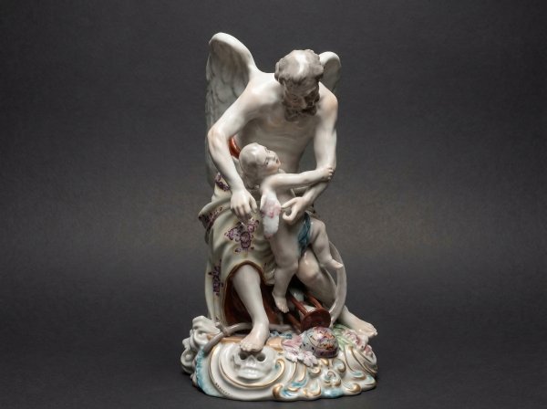 EARLY DERBY PORCELAIN  FIGURE GROUP DEPICTING FATHER TIME CLIPPING CUPIDS WINGS. 20cm sculpture. Circa 1770