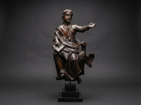 Early Ecclesiastical Carved Wood Statue of Saint John with Eagle. Circa 1750.