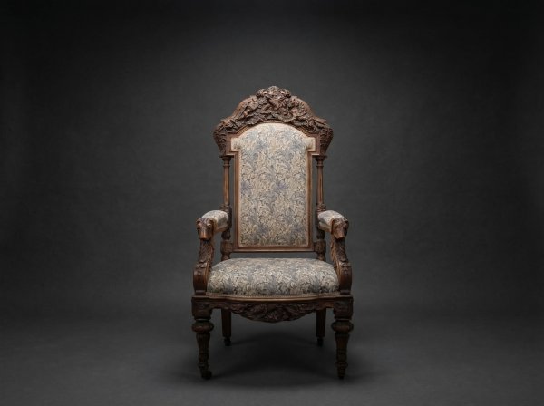 Exhibition Victorian Oak Gothic 'Hunting' Armchair. Elaborately Carved with Dogs / Hounds. Dated 1871.