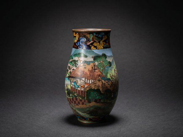 Fine Japanese Cloisonne Vase - Village Landscape. Nagoya. Circa 1900.