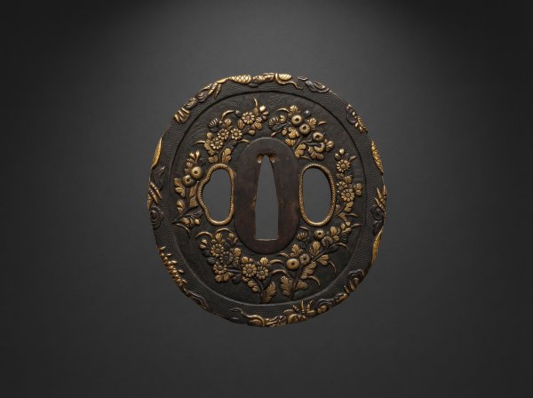Fine Japanese Iron Tsuba Guard - "Peony and Dragon". Edo Period. Circa 1800.