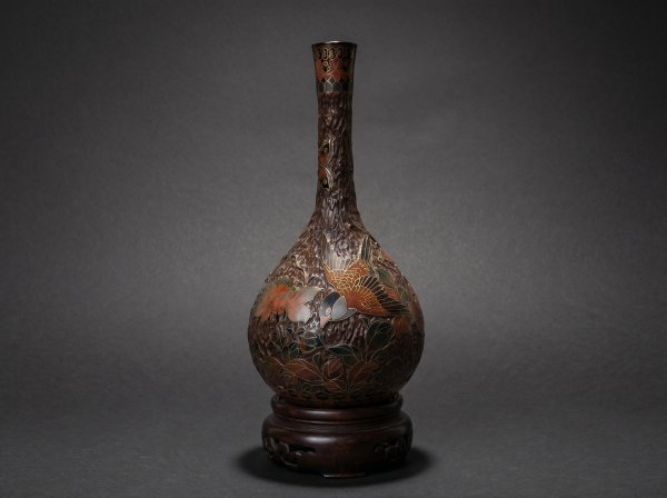 Fine Japanese Totai Shippo Vase #1. Cloisonne Tree Bark: Birds / Flowers. Circa 1890.