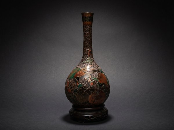 Fine Japanese Totai Shippo Vase. Cloisonne Tree Bark: Bird / Flowers #2. Circa 1890.
