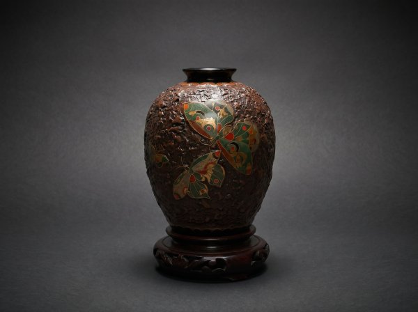Fine Japanese Totai Shippo Vase. Cloisonne Tree Bark: Kintsugi Technique. Butterfly. Circa 1890.