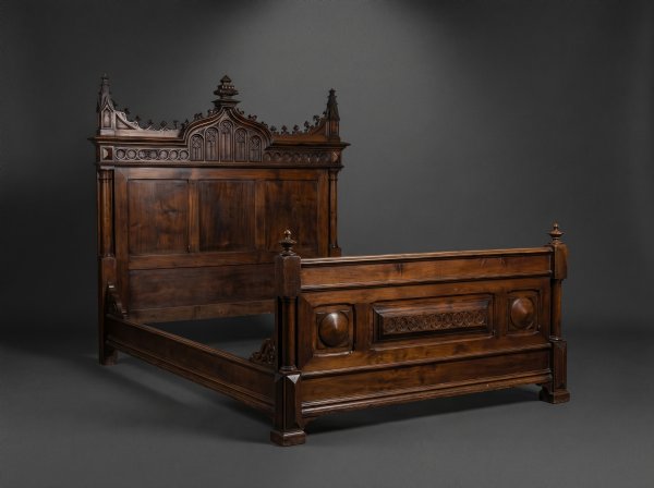 Heavy Oak Gothic Bed and Frame. Circa 1850.