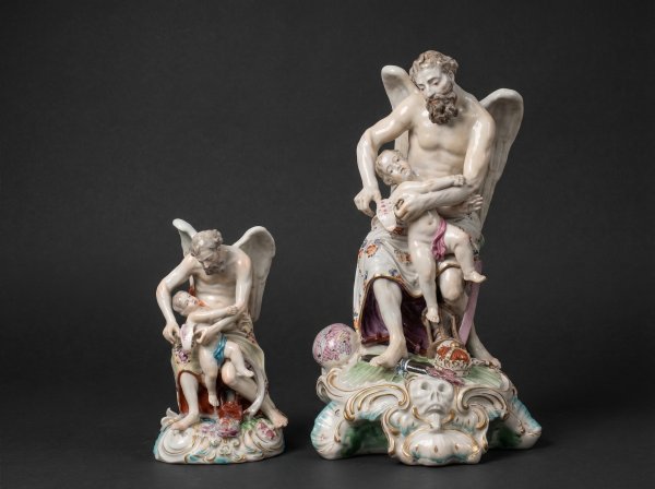 Huge Early Derby Porcelain Figure Group Depicting Father Time Clipping Cupids Wings. 35cm Sculpture. Circa 1770