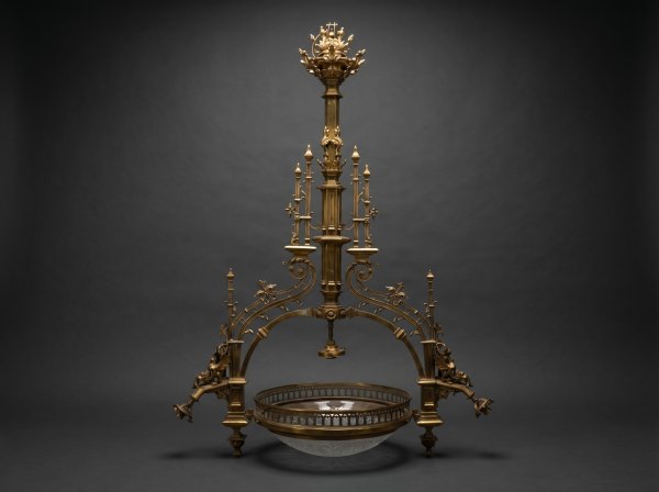 Huge Gothic / Arts and Crafts Victorian Brass Chandelier. Circa 1880.