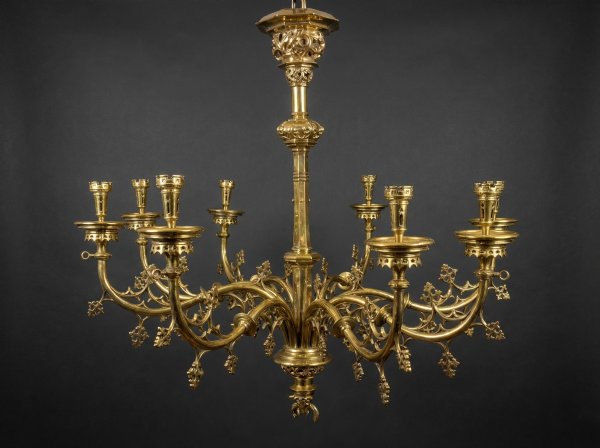 Huge Gothic Brass Chandelier. Joseph Wilmotte, Liege. Circa 1880.