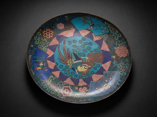 Huge Japanese Cloisonne Enamel Bird Sitting on Branch Charger (50cm). Late Edo Period. Circa 1860s.