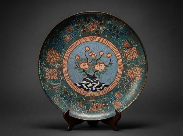 Huge Japanese Cloisonne Enamel Charger. Spectacular Decoration. Circa 1870.