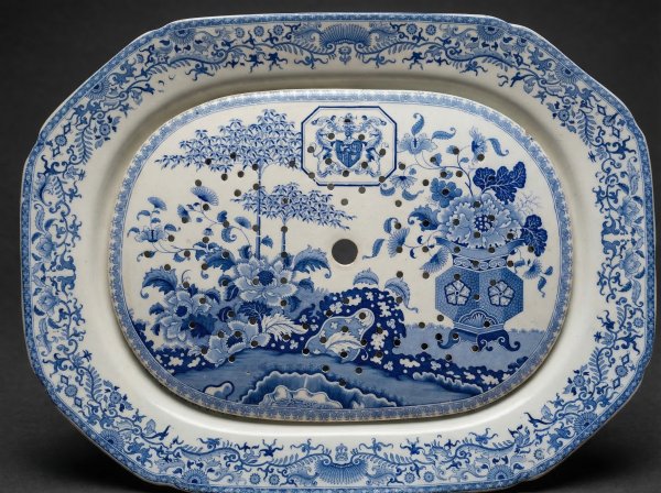 Huge Minton Blue and White Meat Platter and Drainer. London Goldsmiths Coat of Arms. c 1820
