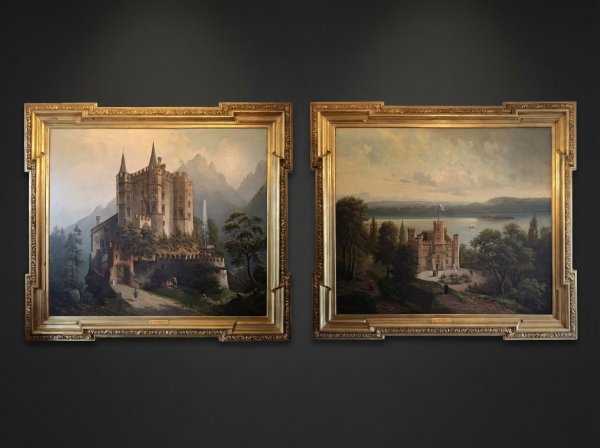 Huge Pair Karl Herrle Bavarian Gothic Castle and Landscape Oil Paintings. Schloss Hohenschwangau. Signed and dated 1887.