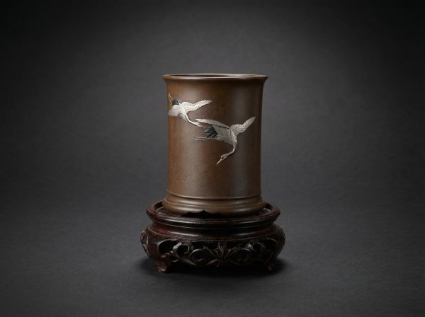 Japanese Bronze and Mixed Metal Brush Pot. Meiji Period. Circa1880