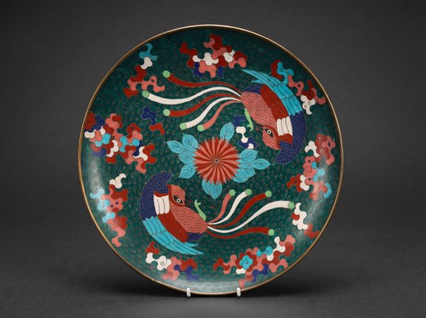 Japanese Cloisonne Enamel Charger with Ho-o Birds / Phoenix. Circa 1880.