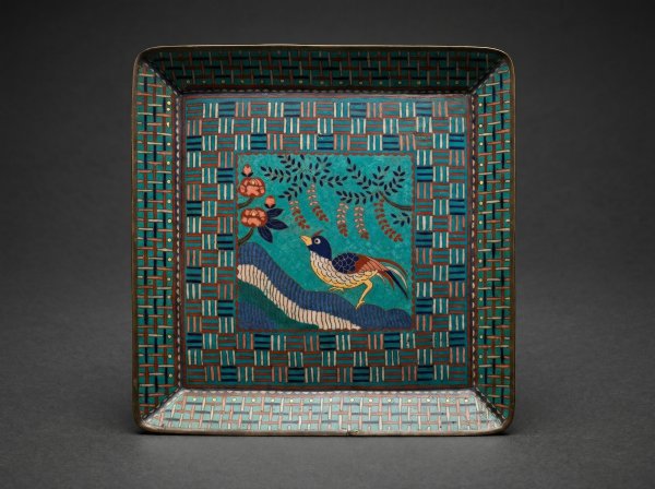 Japanese Cloisonne Enamel Square Tray with Bird / Mosaic. Circa 1880.
