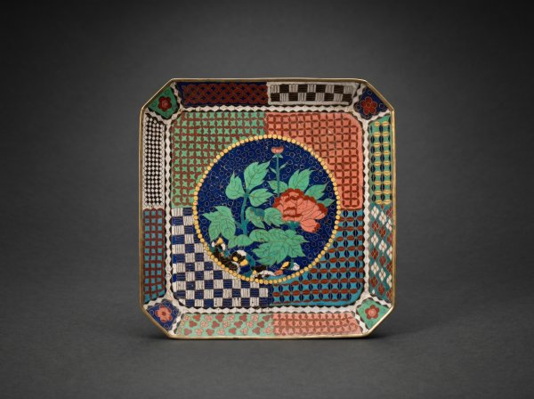 Japanese Cloisonne Enamel Square Tray with Flowers / Mosaic. Circa 1880.