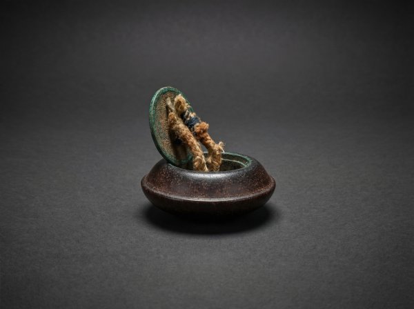 Japanese Edo Wood and Champleve Cloisonne Enamel Netsuke / Manju Kagamibuta Caduceus. C 1850.