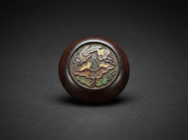 Japanese Edo Wood & Champleve Cloisonne Enamel Kagamibuta Netsuke / Manju. Circa 1850.