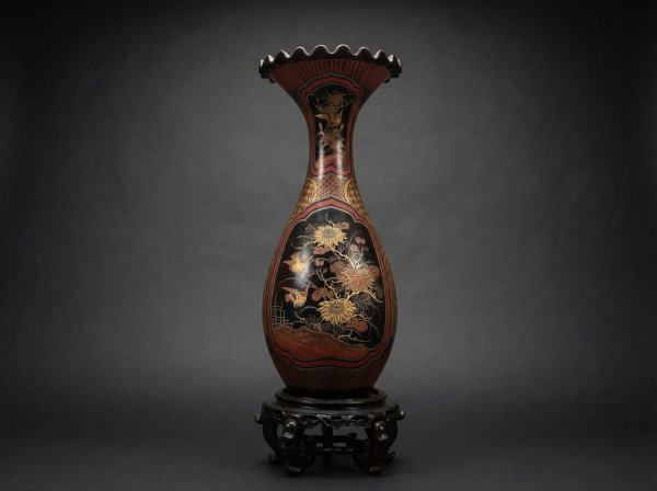 Japanese Porcelain Flared Vase With Lacquer Over Black Paint (47cm). Circa 1880.