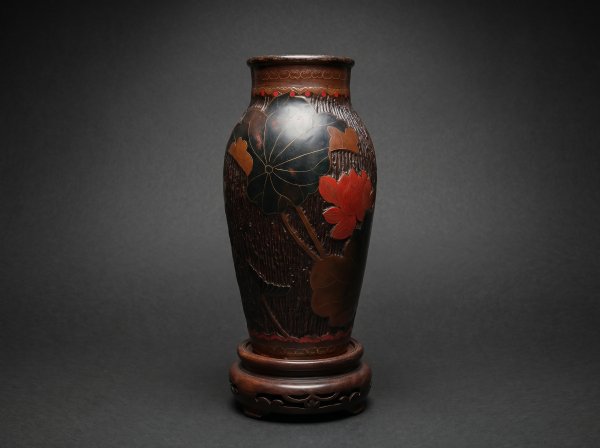 Japanese Totai Shippo Small Vase. Cloisonne Tree Bark with Butterfly / Flowers. Circa 1890.